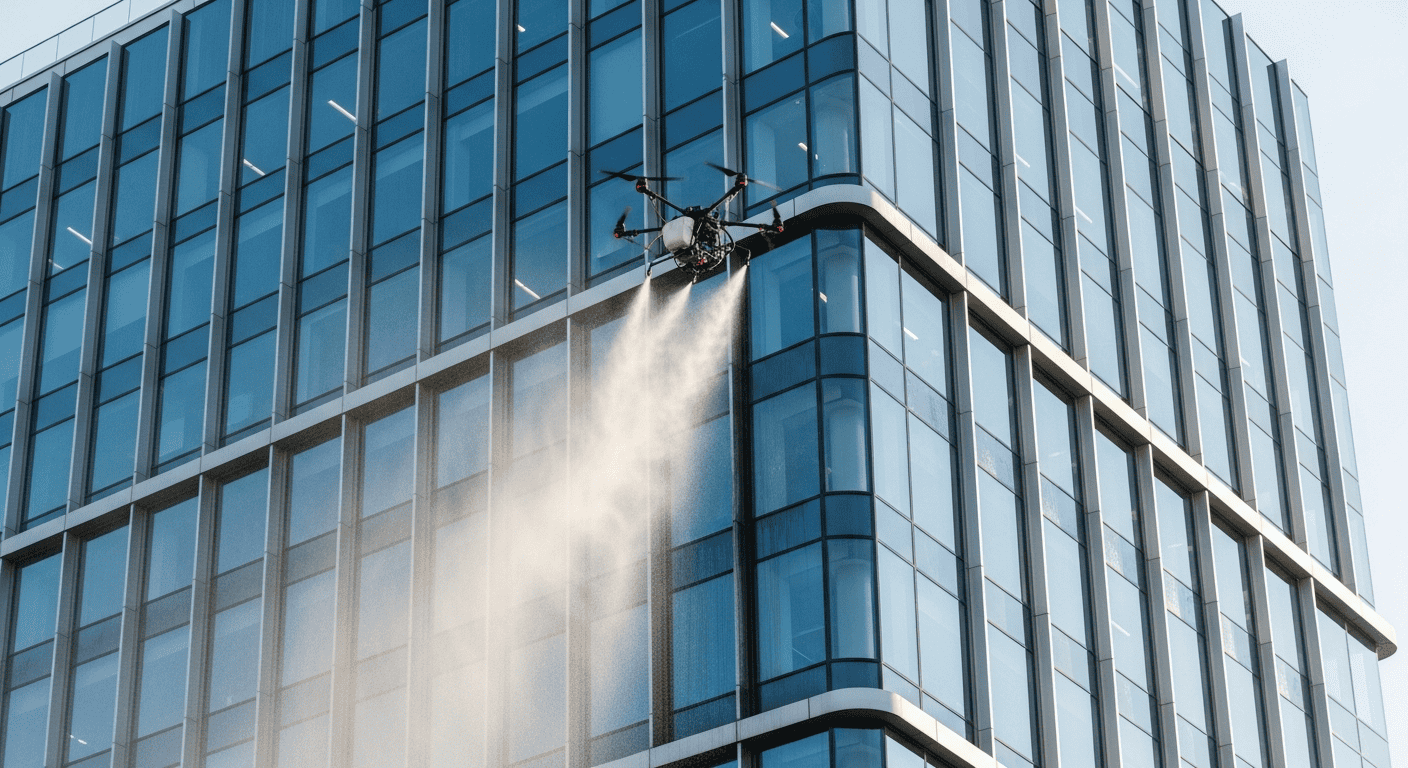 En drone i aksjon som vasker en glassfasade på et moderne kontorbygg