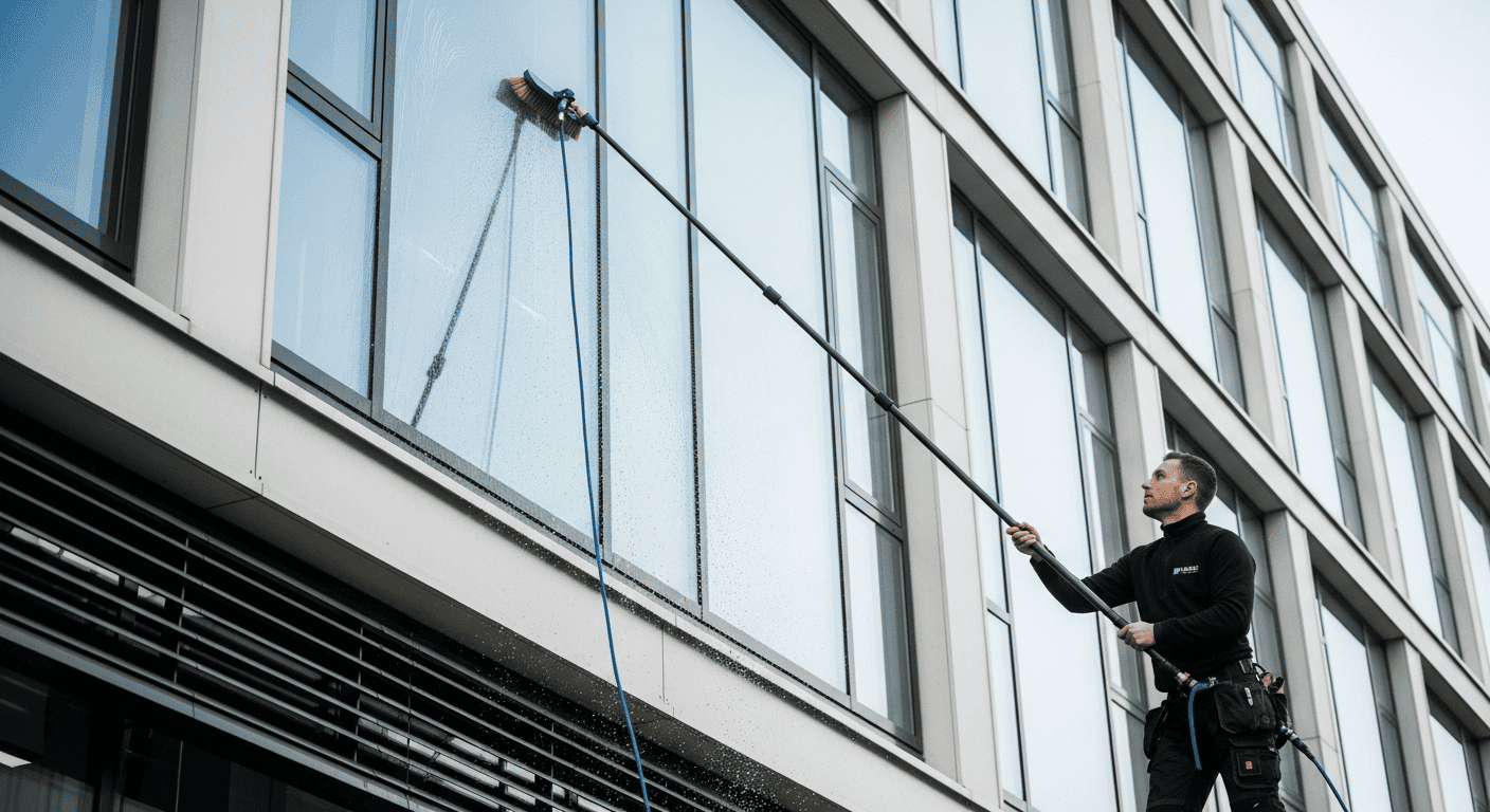 En medarbeider som bruker en vannførende stang med ultrarent vann for å vaske vinduer i andre etasje