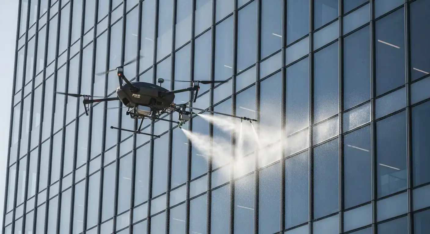 En profesjonell vaskendrone i aksjon mot en moderne glassfasade i Oslo sentrum