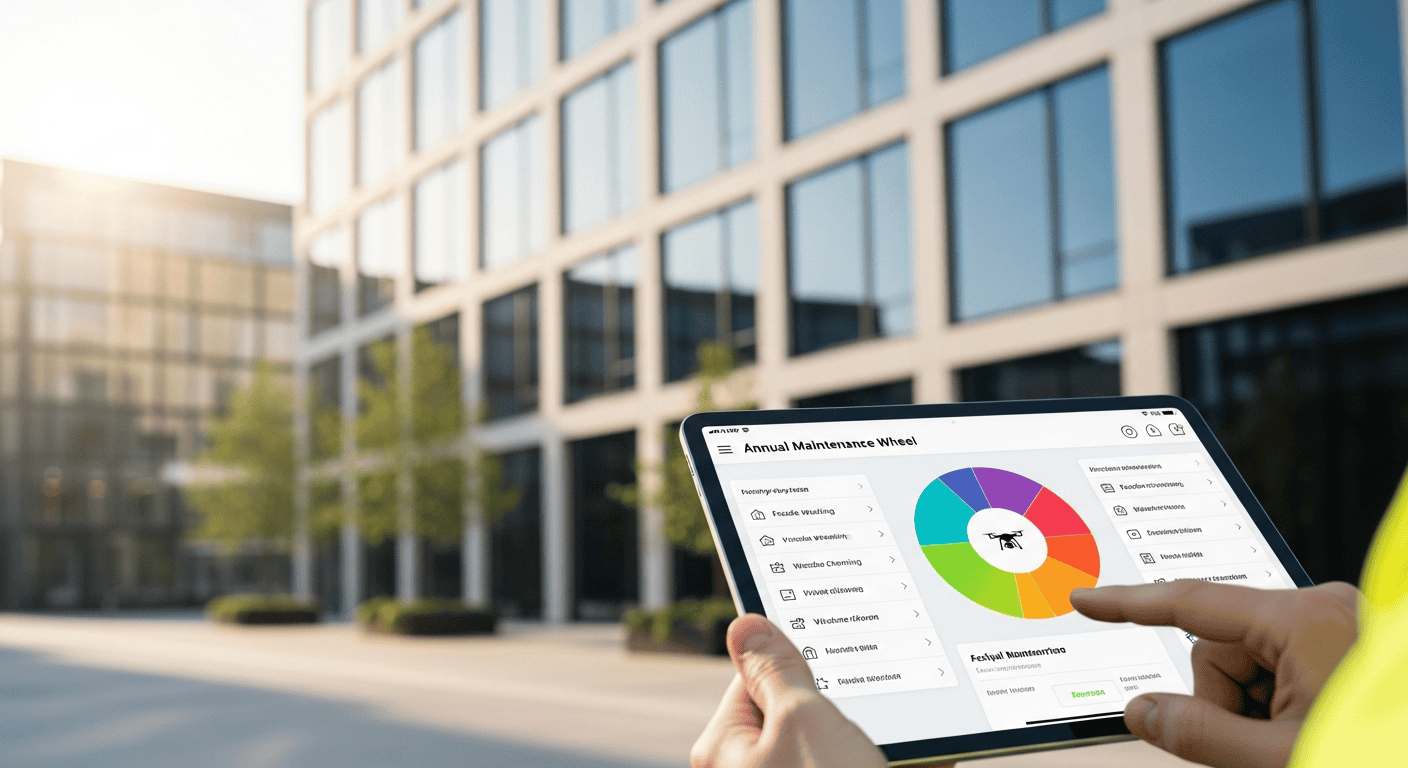 Et skjermbilde av en digital vedlikeholdsplan som viser årshjul for ulike tjenester