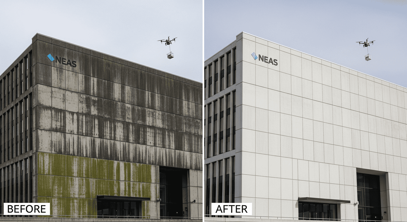 Før- og etterbilde av en betongfasade som har gjennomgått profesjonell rens