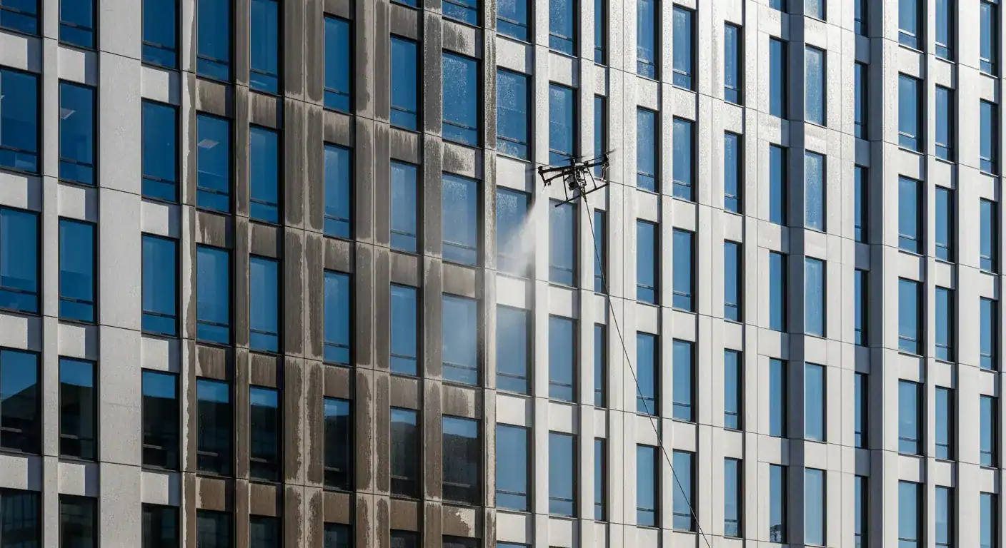 Før- og etterbilde av en fasade som har gjennomgått dronevask