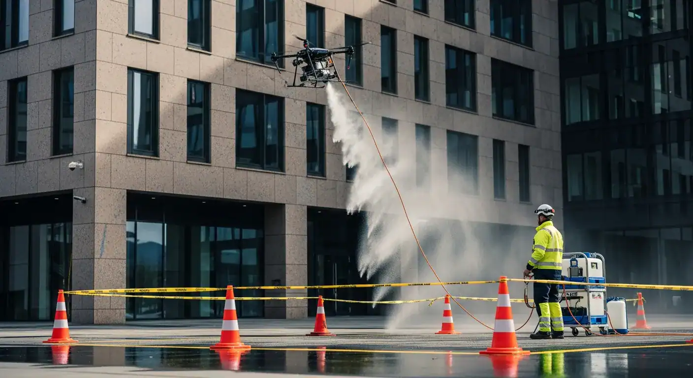 Illustrasjon som viser sikkerhetssonen rundt en droneoperasjon på bakken