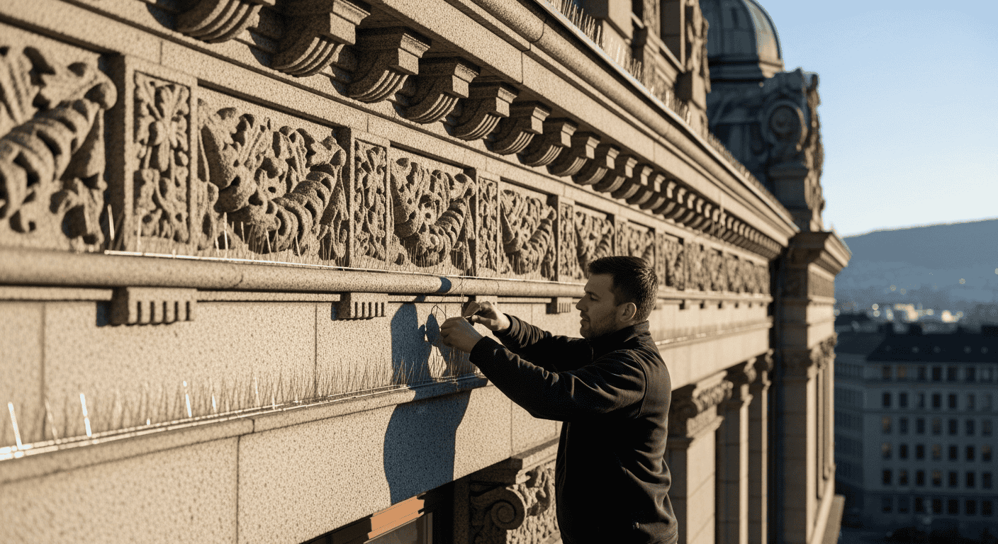 Montering av usynlig duesikring på en historisk fasade i Oslo sentrum