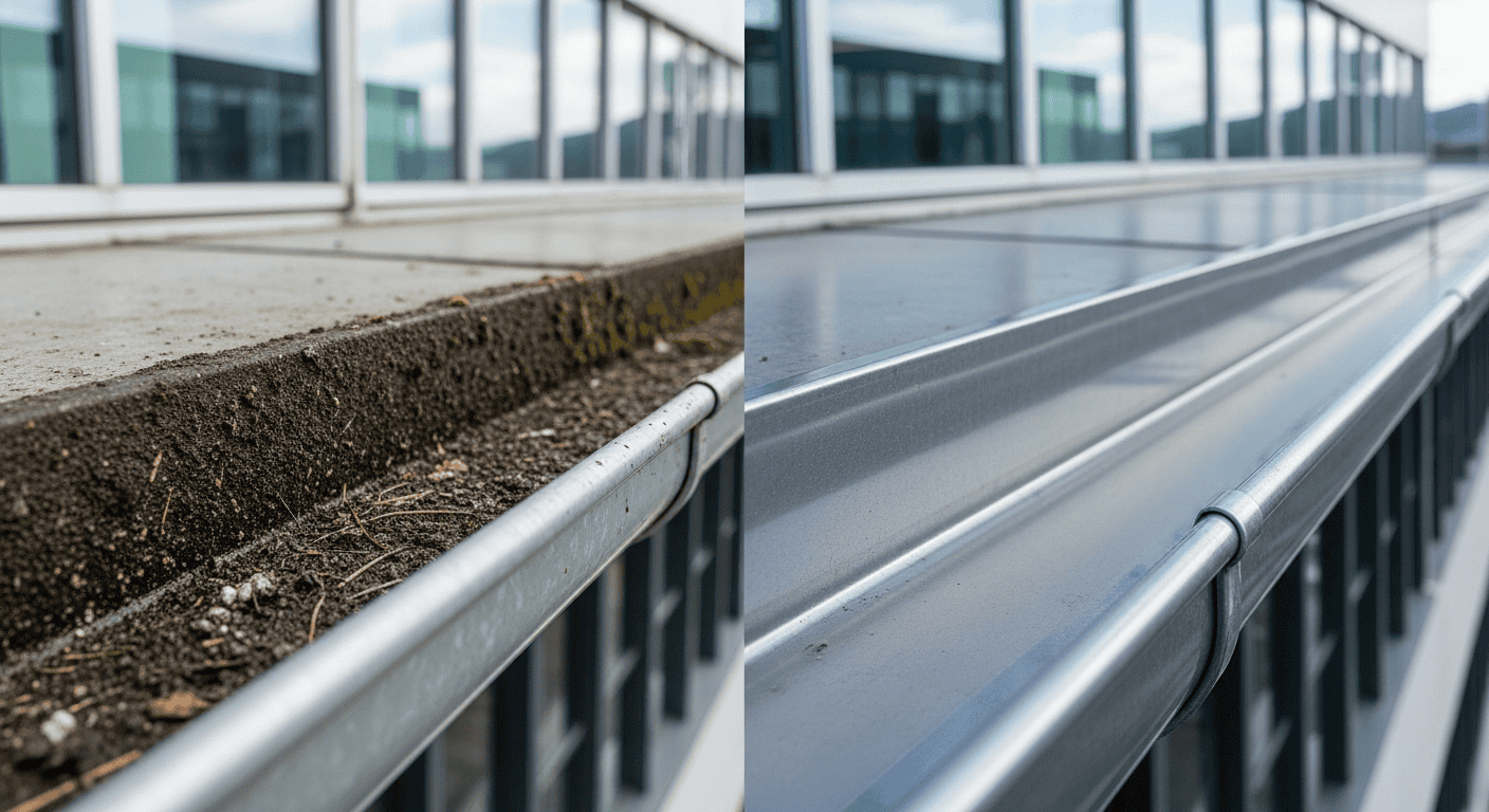 Nærbilde av en takrenne før og etter rens, som viser fjerning av organisk materiale