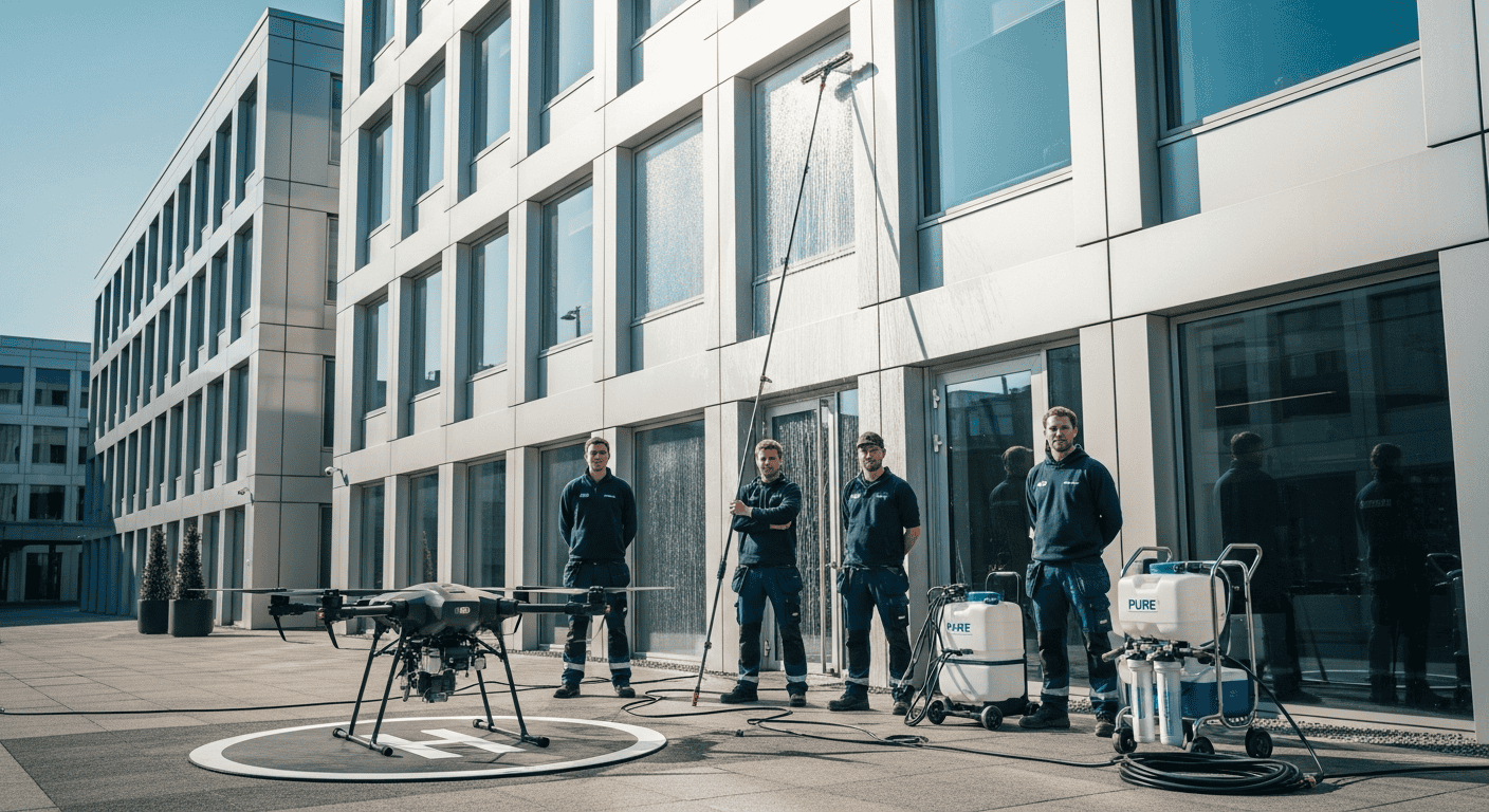 Teamet fra Neas Fasade AS foran et nylig vedlikeholdt næringsbygg, med en drone og rentvannsutstyr synlig