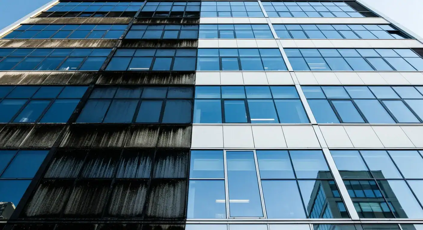 Et bilde som viser forskjellen på en renset og en urenset fasade på et moderne næringsbygg