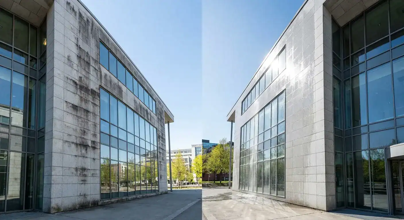 En stor næringseiendom i Oslo sentrum hvor halvparten av fasaden er renset og skinner i vårsolen, mens den andre halvparten er dekket av grått vintersmuss