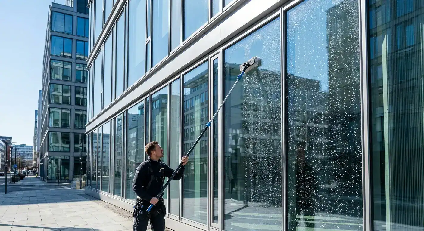 En profesjonell vinduspussertjeneste utført på et moderne glassbygg i Oslo sentrum i dagslys