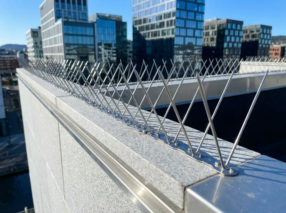 Et nærbilde av profesjonelt monterte duepigger på en moderne fasade i Oslo sentrum