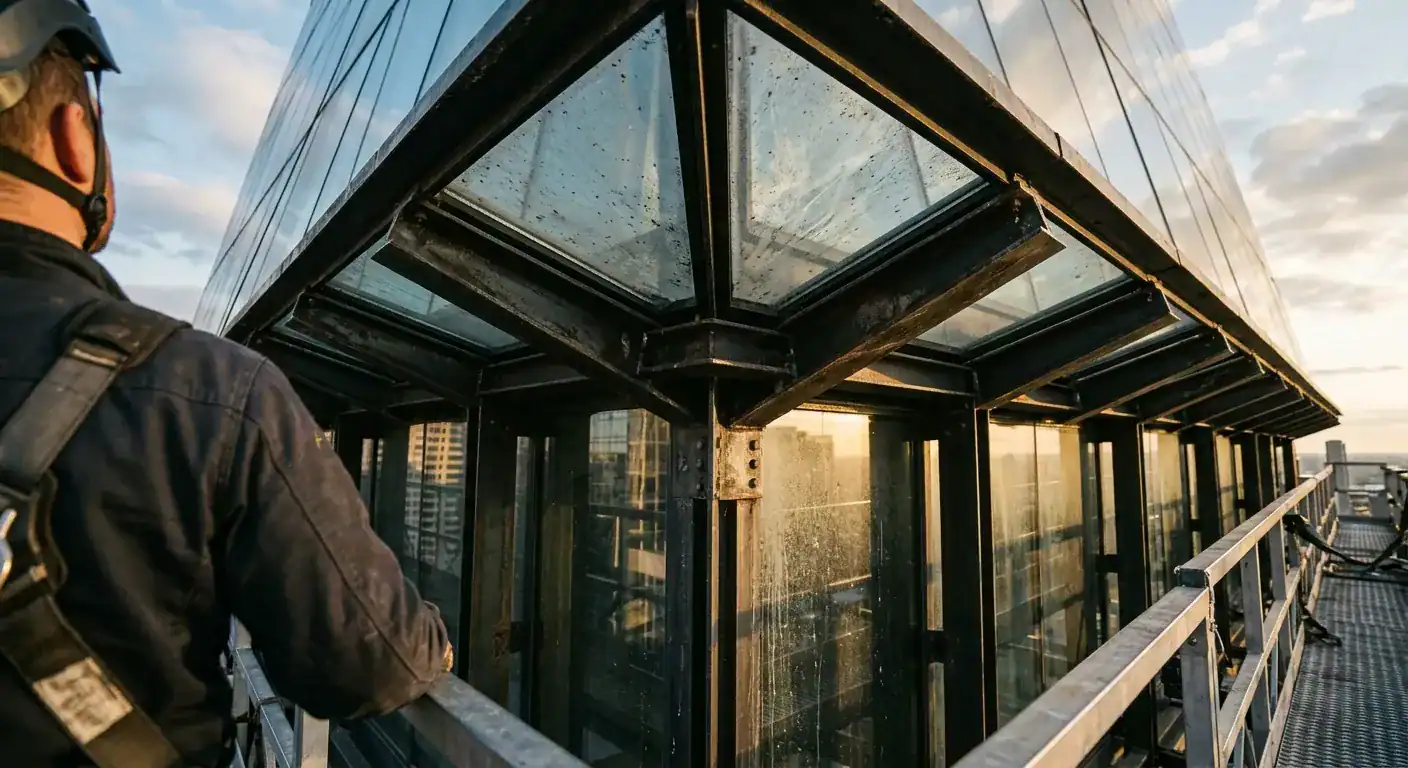 Et moderne signaturbygg i glass og stål med komplekse vinkler og overheng, sett nedenfra i dagslys