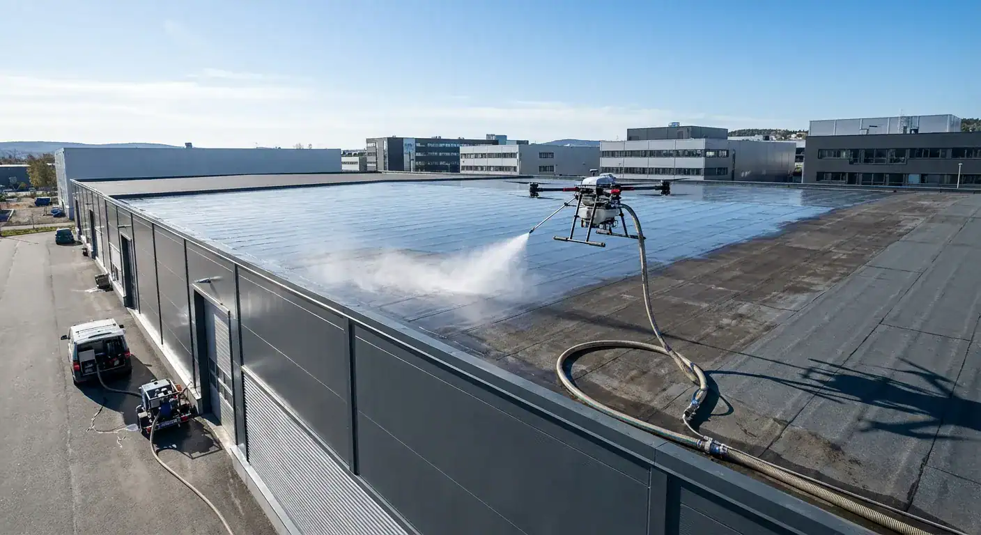 En drone fra Neas Fasade som utfører vask av et stort industritak i Oslo-området