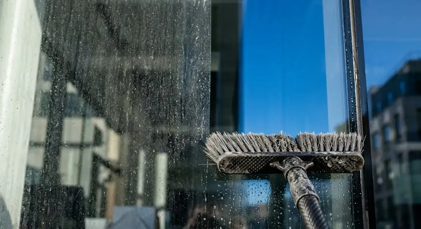 Nærbilde av en moderne glassfasade der den venstre siden er dekket av et grått lag med trafikkstøv og sot, mens den høyre siden er nylig vasket og reflekterer en skyfri blå himmel helt uten striper eller skjolder
