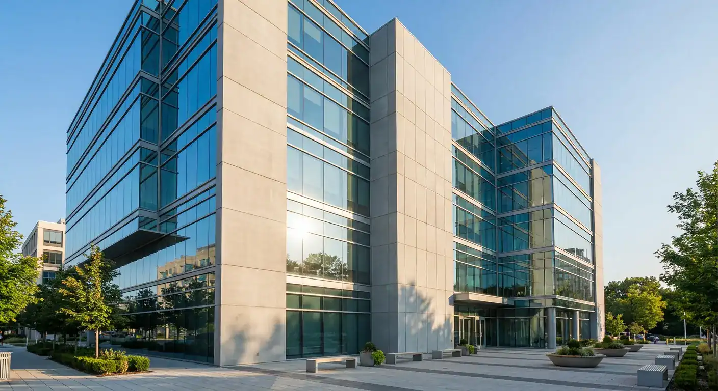 Et moderne kontorbygg i glass og betong som speiler seg i sollyset i et urbant miljø