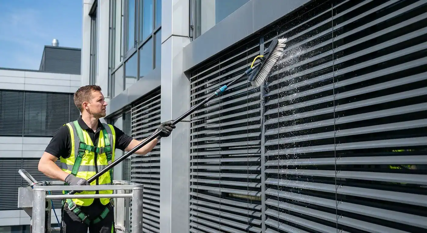 En profesjonell renholder som forsiktig vasker horisontale utvendige persienner på en moderne kontorbygning