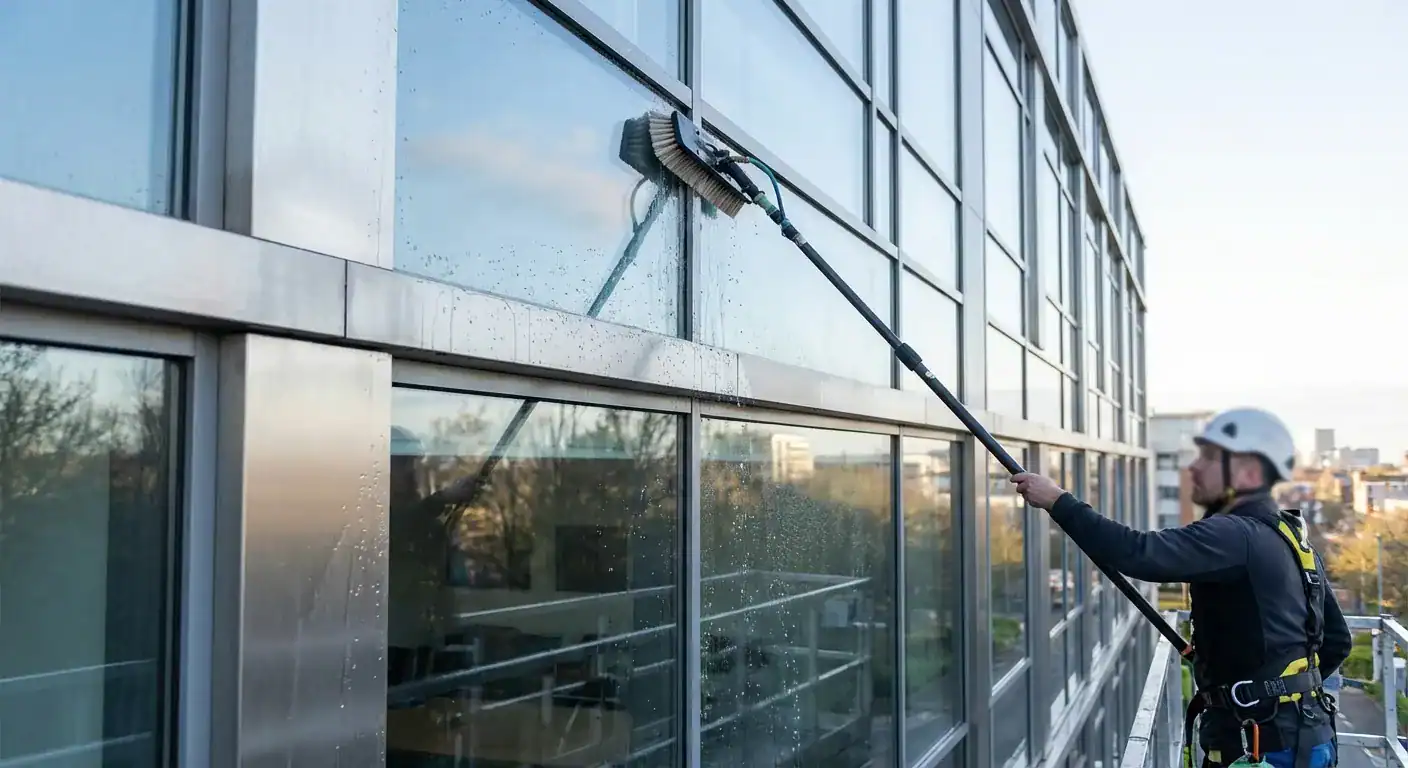 En profesjonell tekniker som bruker en vannførende stang for å vaske en moderne kontorfasade av glass og metall.