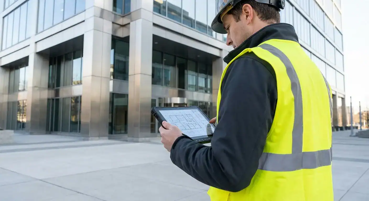 En erfaren prosjektleder i verneklær som studerer en digital vedlikeholdsplan på en nettbrett foran et stort kontorbygg