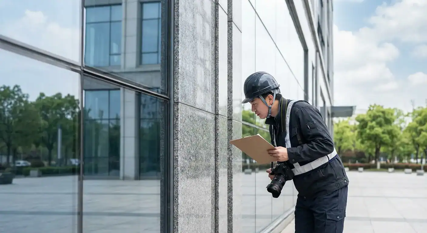 En profesjonell kontrollør som inspiserer en bygningsfasade med blokk og kamera