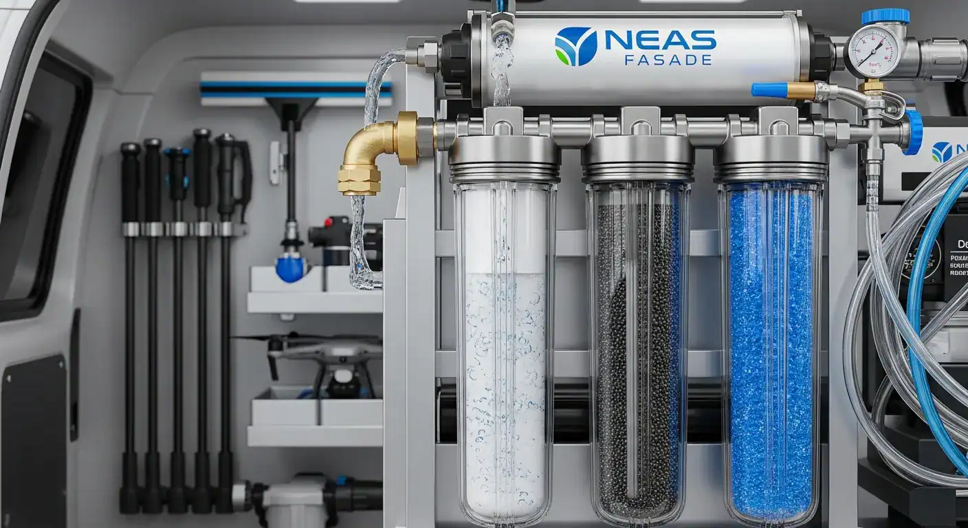 Infografikk som viser filtreringsprosessen fra vanlig springvann til deionisert vann