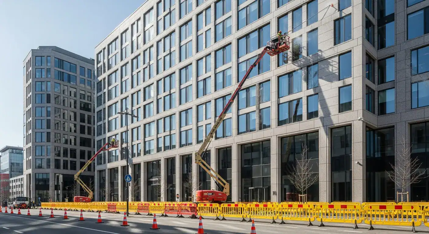 Et oversiktsbilde av et stort prosjekt hvor sikkerhetssoner er tydelig markert rundt bygget