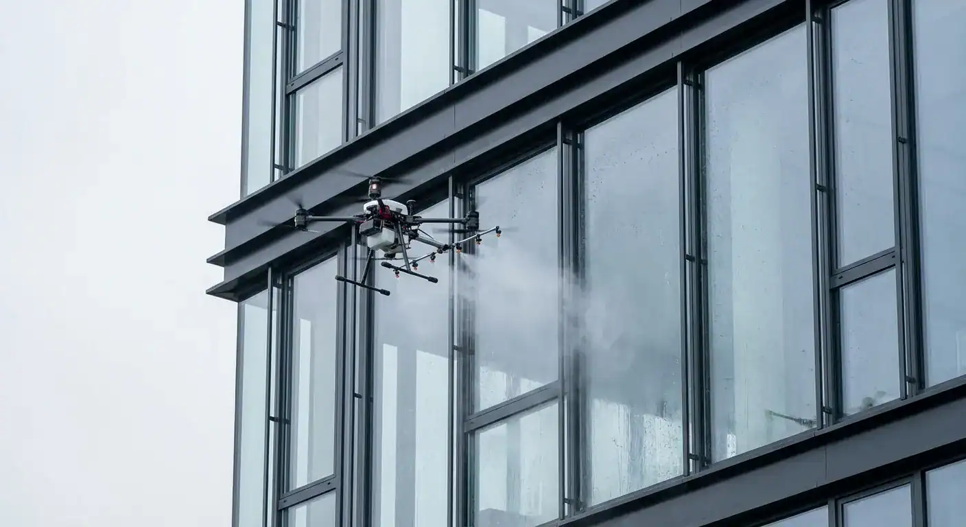 En avansert vaskederone som sprayer vann på en glassfasade i et moderne kontorlandskap