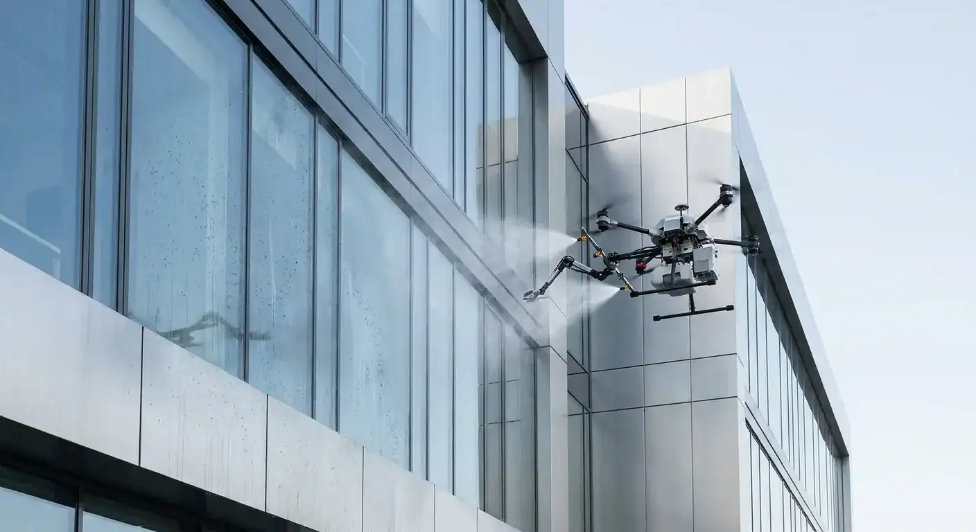 En høyteknologisk drone som sprayer vann på en moderne glass- og metallfasade på et kontorbygg