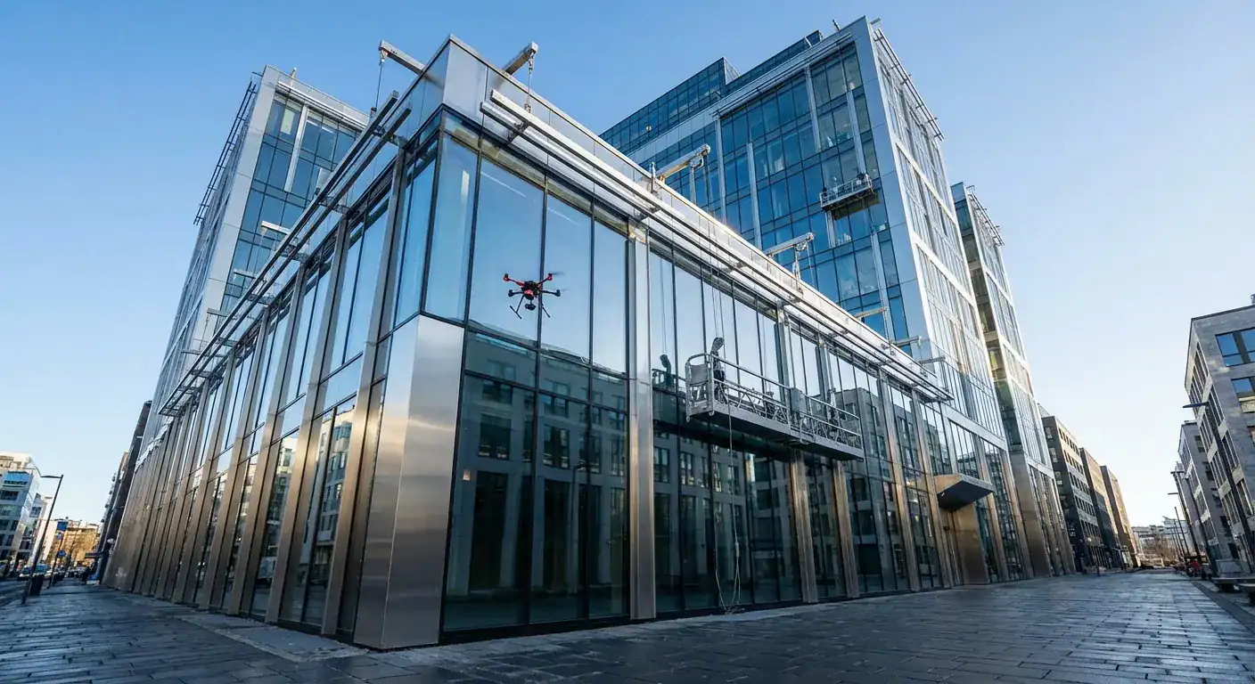 En oversiktstegning som viser hvor de ulike sikringsmetodene typisk plasseres på et moderne kontorbygg