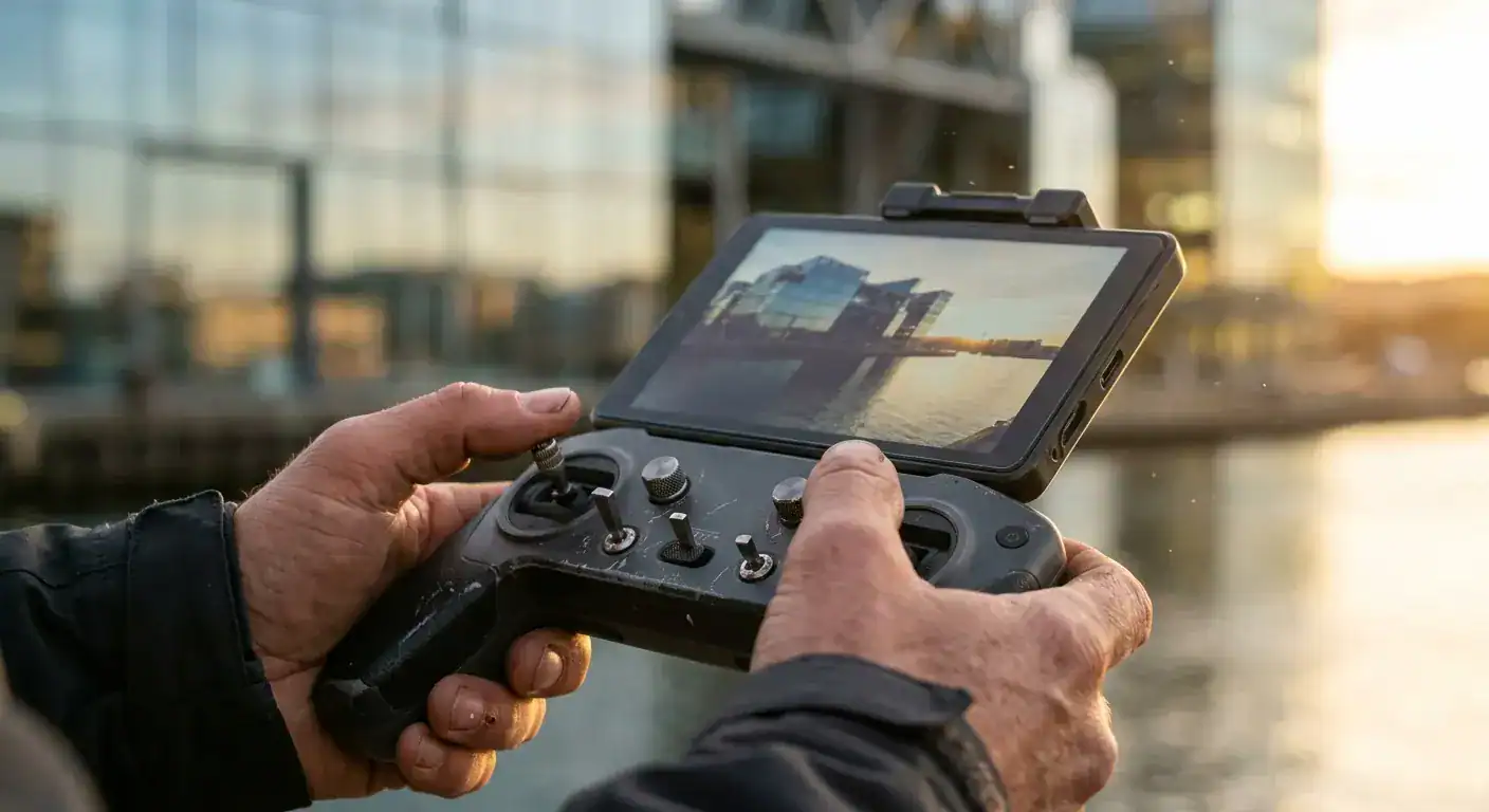 En profesjonell dronepilot i refleksvest med en skjermmontert fjernkontroll, som fokuserer konsentrert mens han styrer en drone langs en moderne kontorbygning i Oslo under en befaring