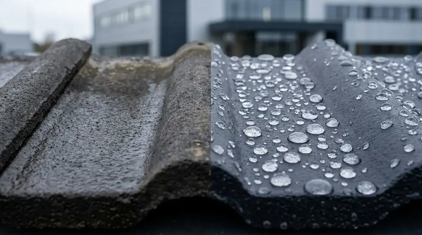 Nærbilde av takstein før og etter impregnering, som viser vann som perler seg