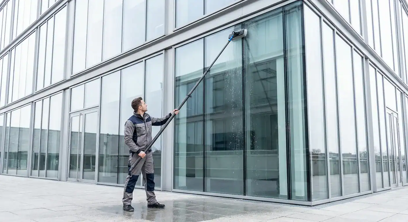 En profesjonell vindusvasker som bruker en vannførende stang med børste på en fasade