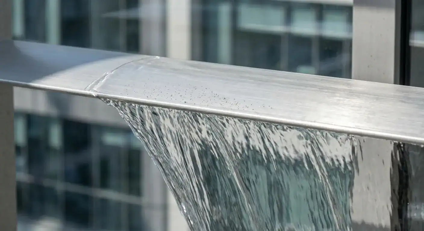 Et nærbilde av rent vann som renner over en ren metall-lamell og fjerner støv uten behov for børster