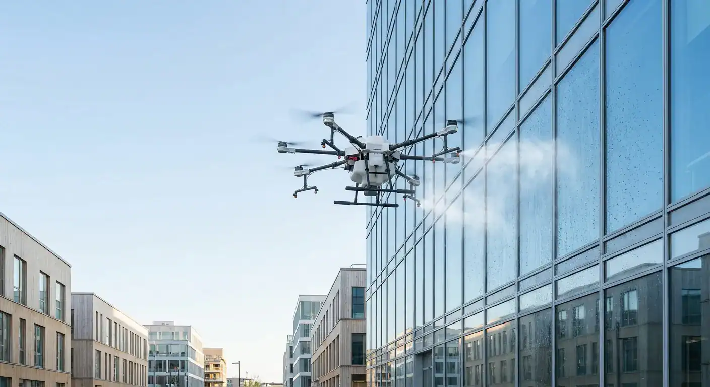 En stor hvit drone utstyrt med vaskedyser som svever foran en høy glassbygning i et urbant miljø.