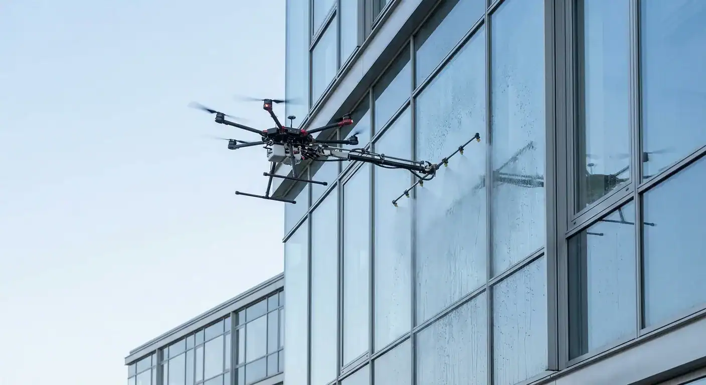 En moderne vaskerobot styrt av en drone som beveger seg kontrollert over en glassfasade