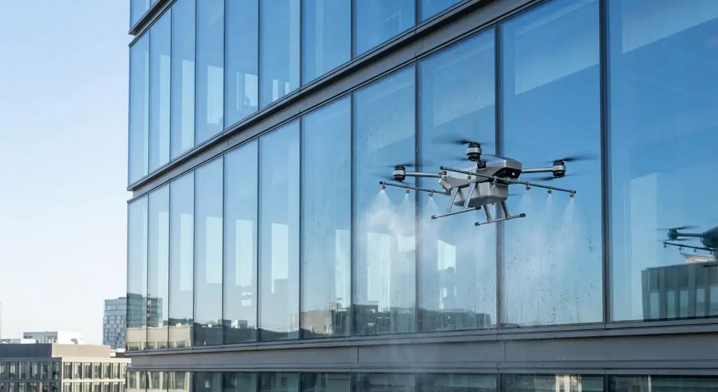 En moderne vaskedrone som sprøyter vann på en høy glassfasade