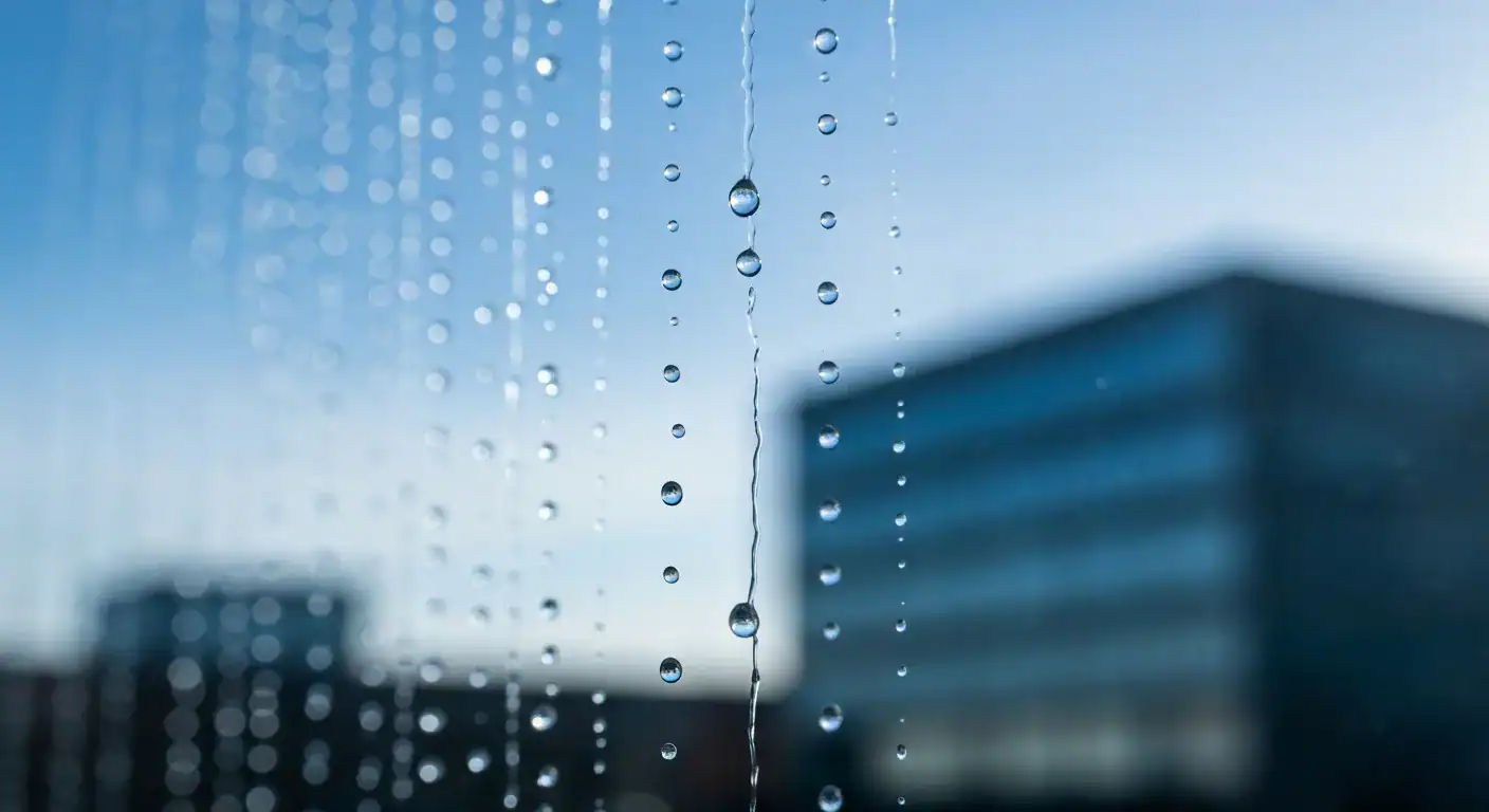 Nærbilde av vannperler som ruller av en perfekt ren glassflate