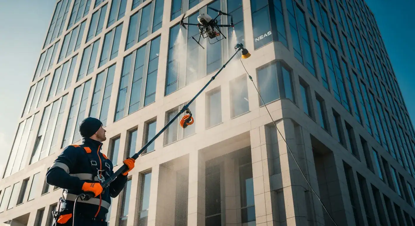 Et bilde som viser Neas Fasade sitt team i arbeid med profesjonelt utstyr