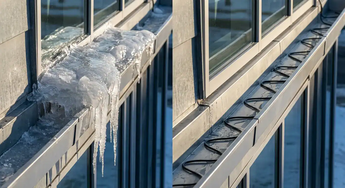 Nærbilde av en takrenne fylt med is sammenlignet med en ren takrenne med varmekabel