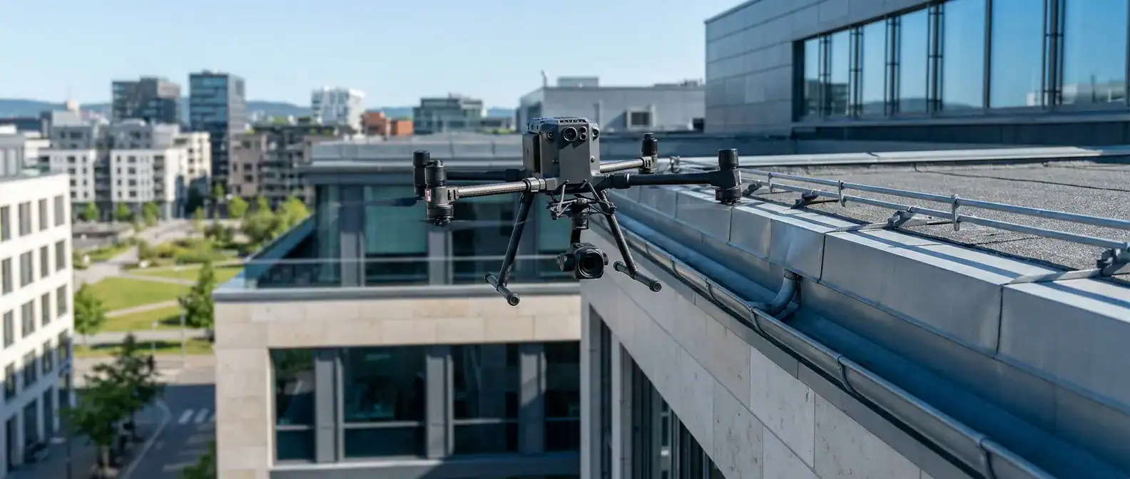 En drone i aksjon som inspiserer taket på et høyt næringsbygg for fuglereder og skader