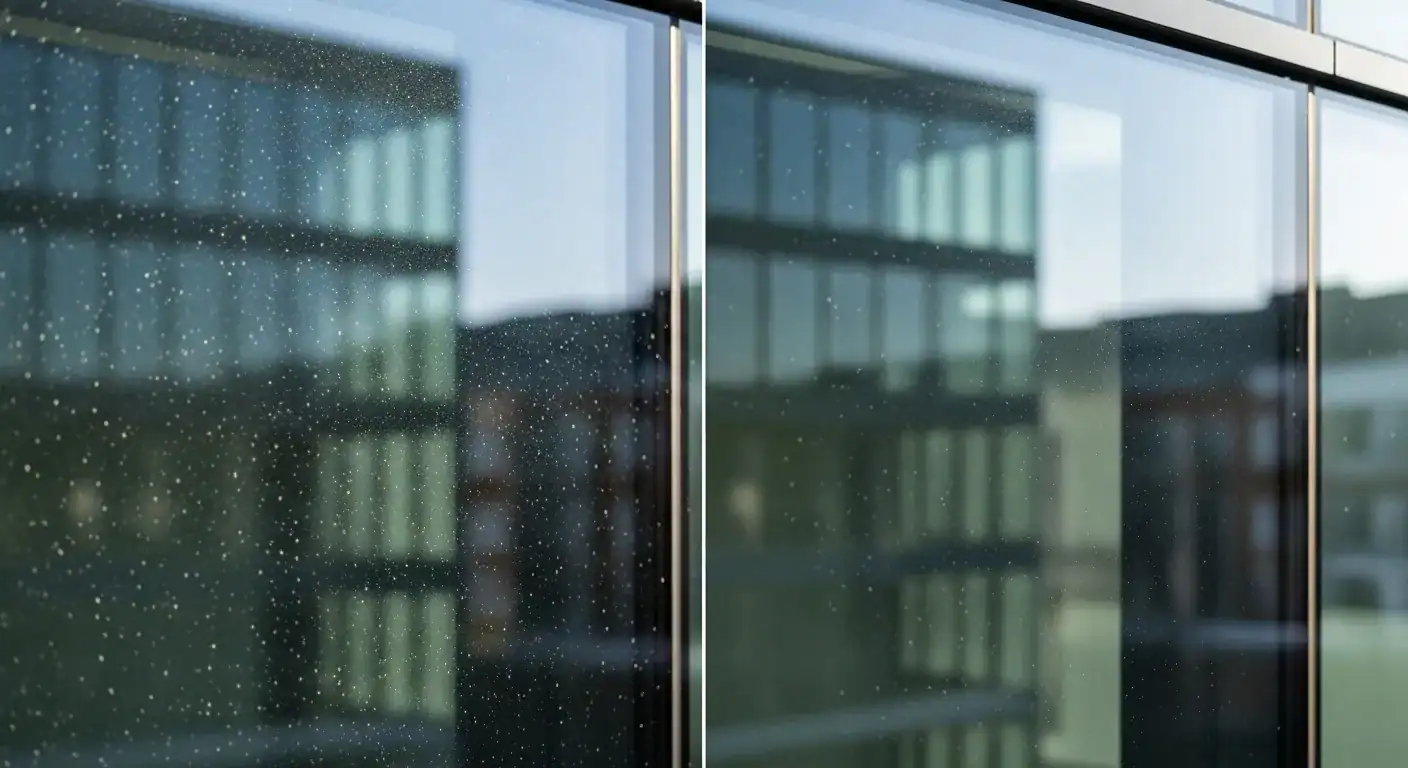 En sammenligning av to vinduer, ett vasket med såpe og ett med rent vann, som viser støvansamling over tid