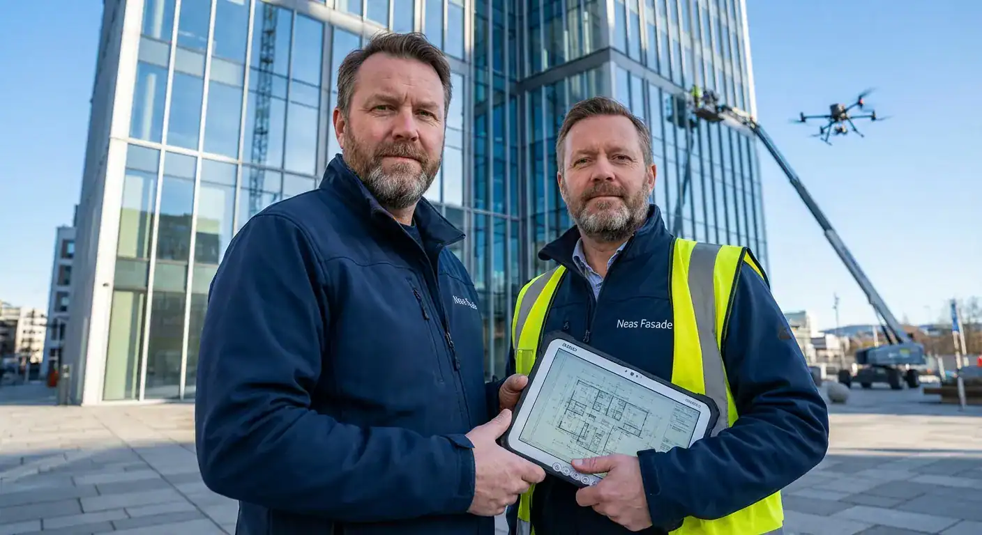 En prosjektleder fra Neas Fasade som går gjennom en vedlikeholdsplan på en nettbrett foran et stort næringsbygg