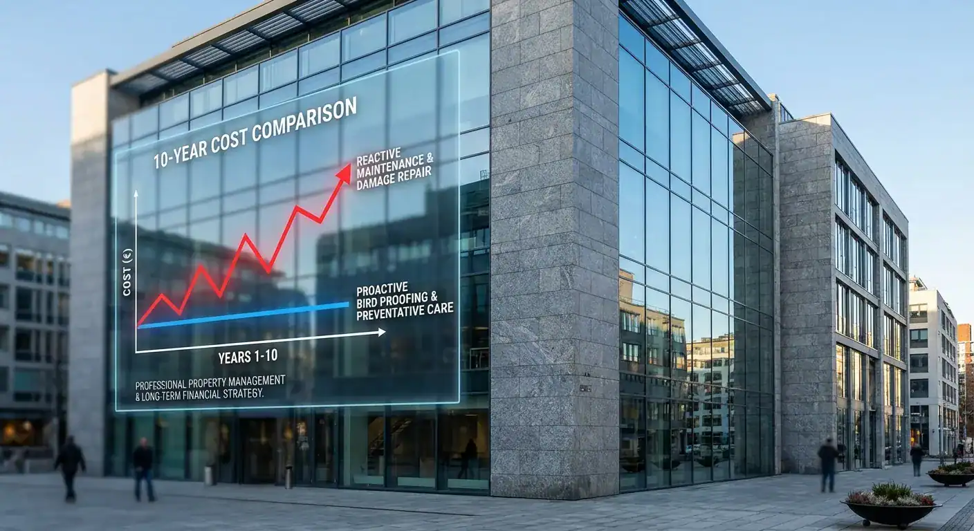 En graf som sammenligner kostnadene ved reaktivt vedlikehold (rengjøring etter skade) vs. proaktiv duesikring over en 10-årsperiode