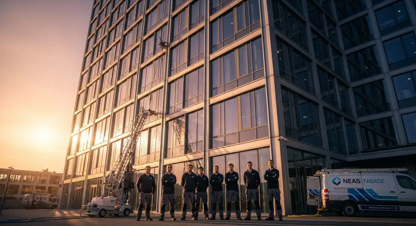 Neas Fasade-teamet foran en nylig rengjort, skinnende glassfasade i kveldssol