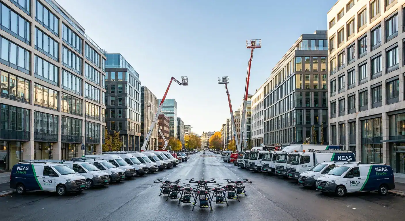 Et oversiktsbilde som viser NEAS Fasade sin maskinpark, inkludert lifter og biler med logo, klar for utrykning